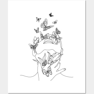 Abstract line drawing woman face with butterflys. Posters and Art